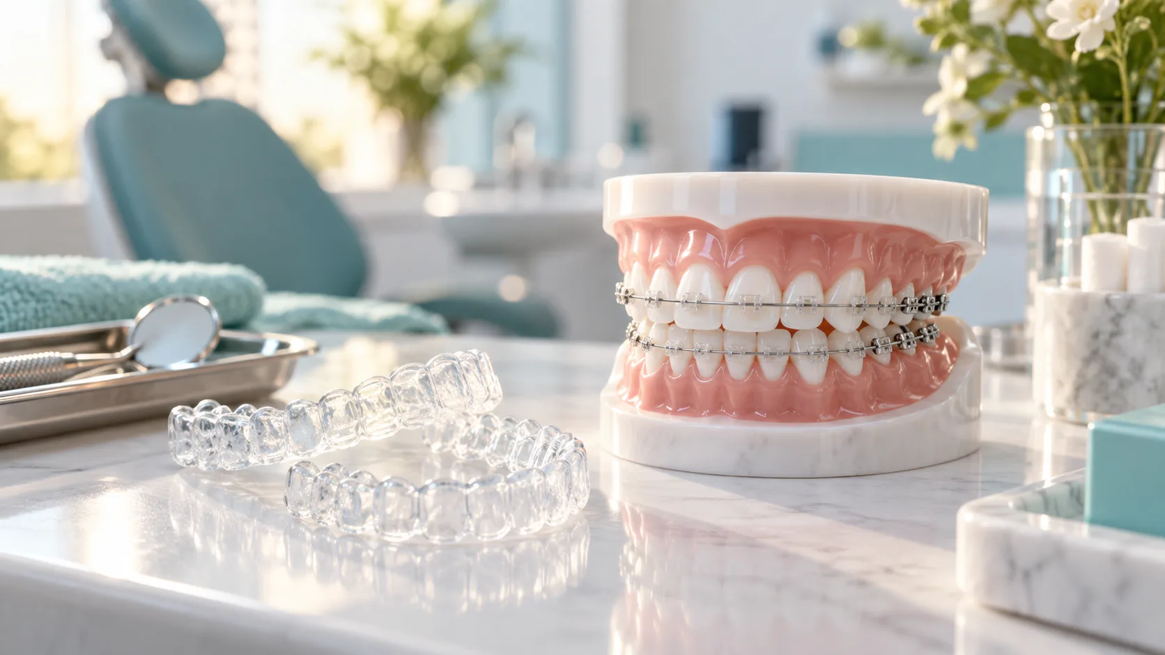 Clear aligner trays and braces dental model on a clean orthodontic consultation table