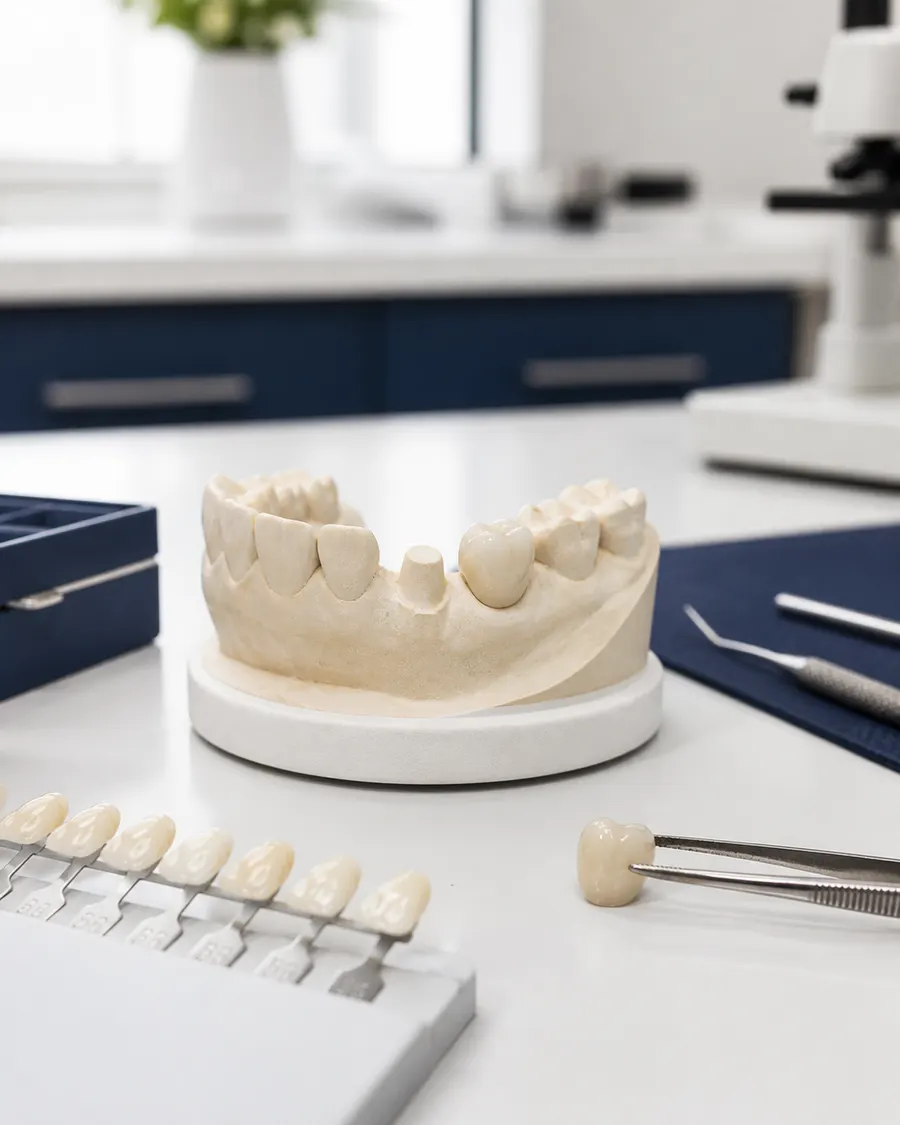 Ceramic dental crown beside a neutral dental model